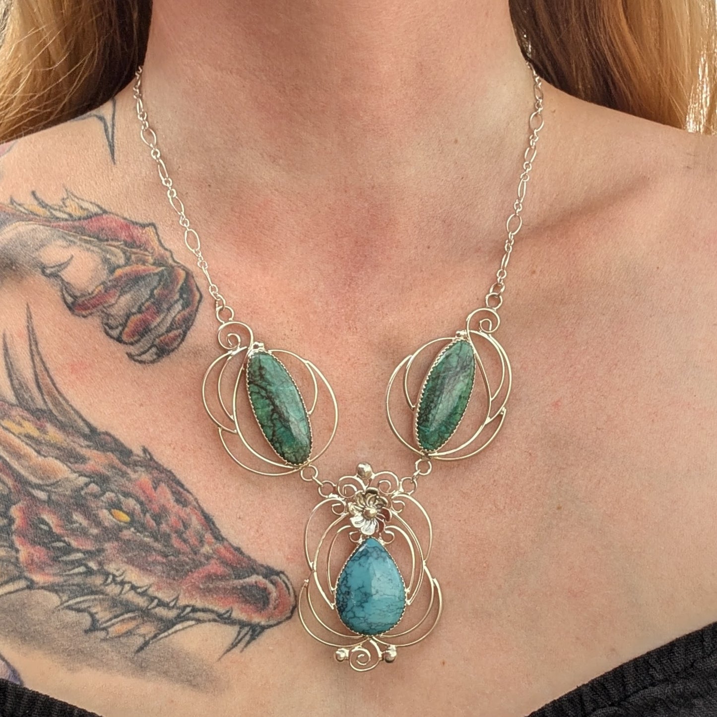 Turquoise and Sterling Silver Filigree Link Necklace