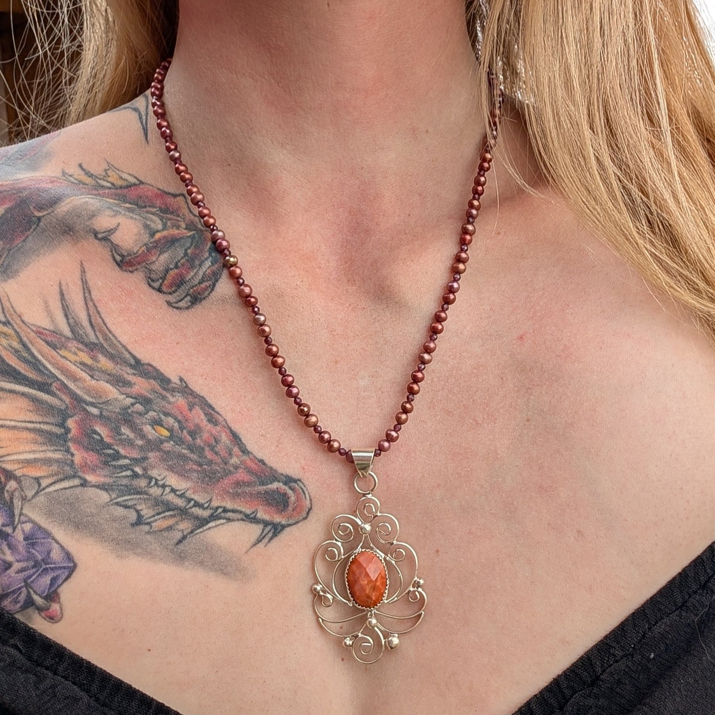 Fire Agate and Sterling Silver Filigree Necklace