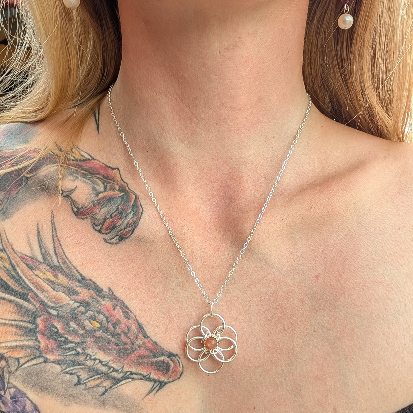 Red Moonstone and Sterling Silver Flower Pendant