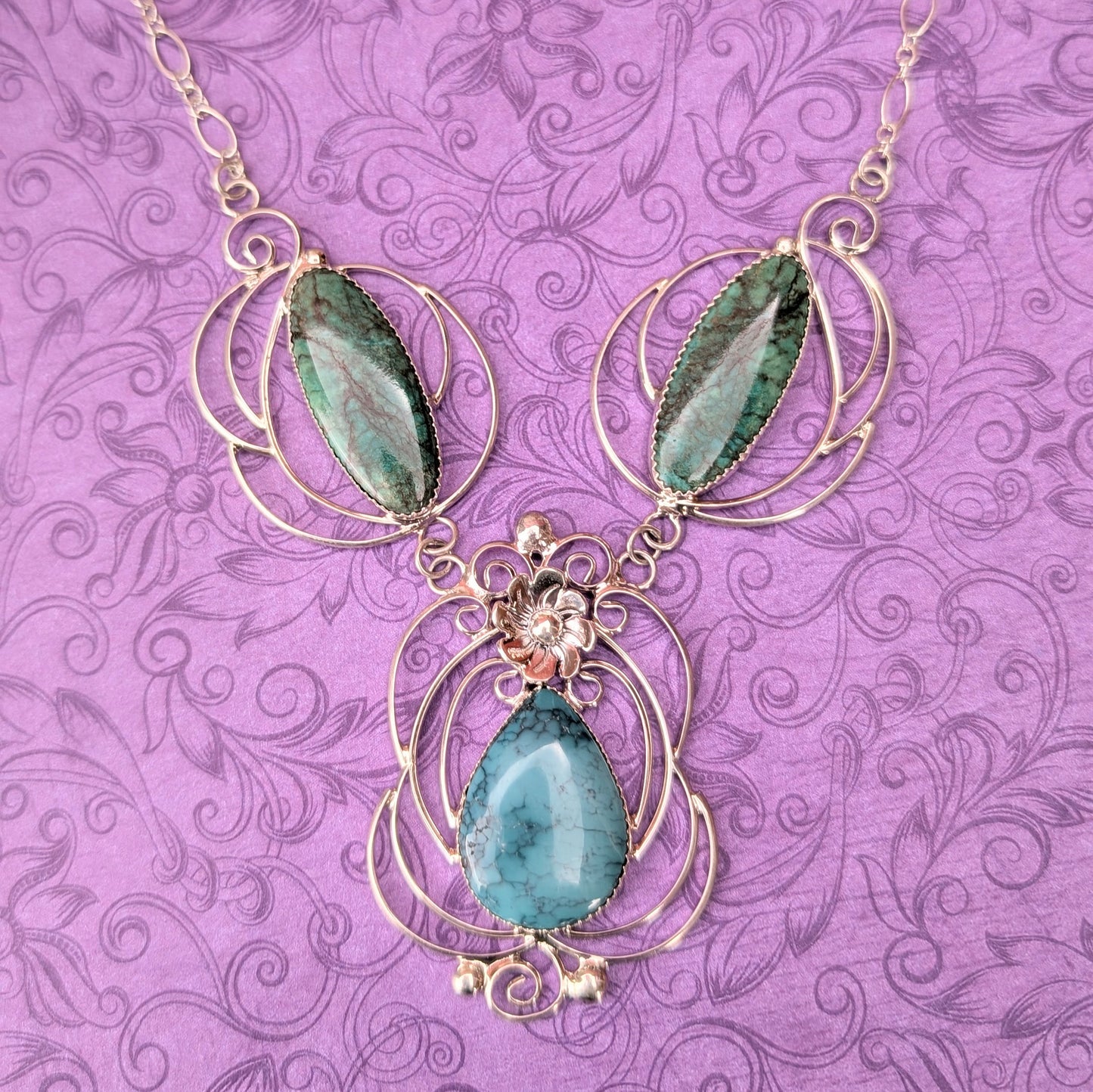 Turquoise and Sterling Silver Filigree Link Necklace