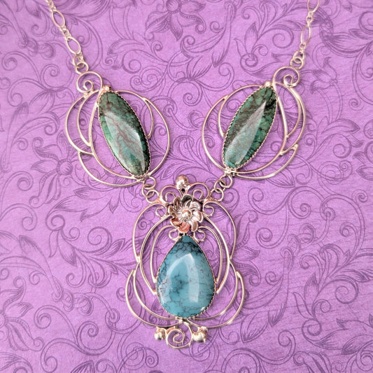 Turquoise and Sterling Silver Filigree Link Necklace