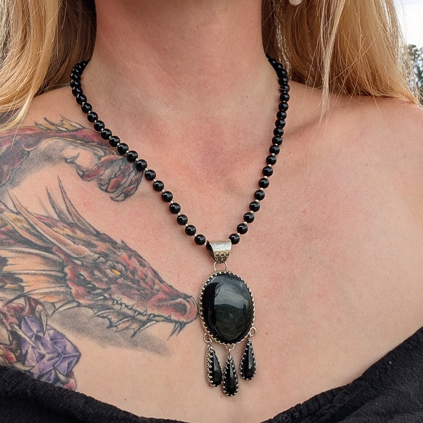 Black Onyx and Sterling Silver Chandelier Necklace