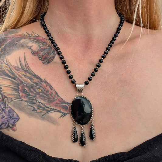 Black Onyx and Sterling Silver Chandelier Necklace