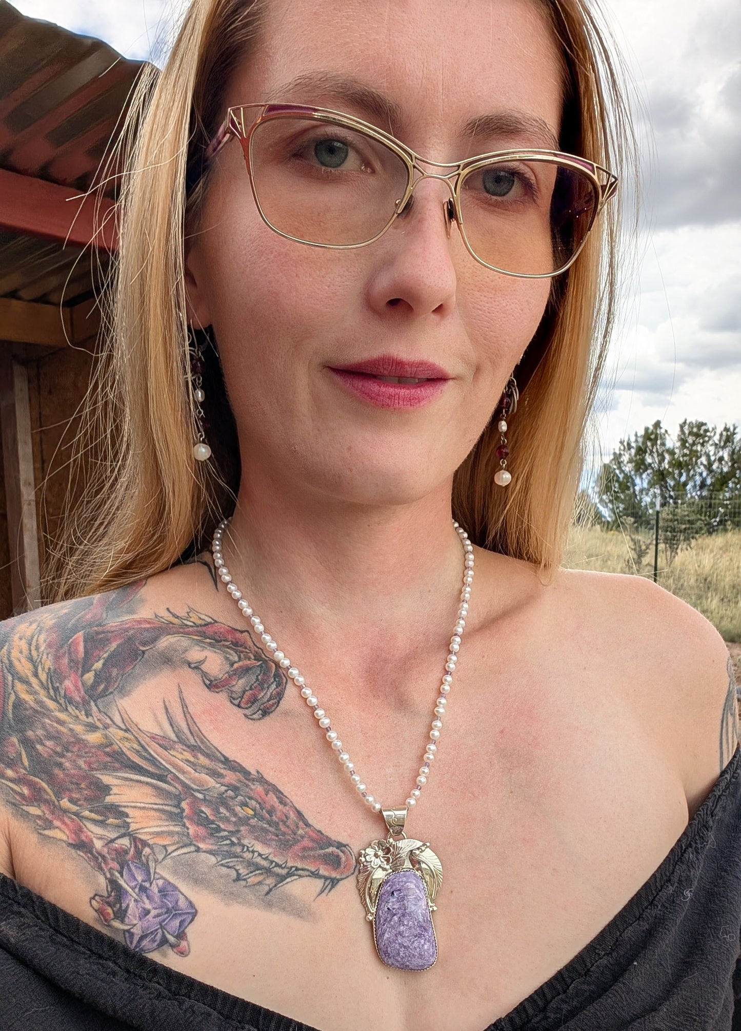 Charoite and Sterling Silver Leaf and Flower Necklace