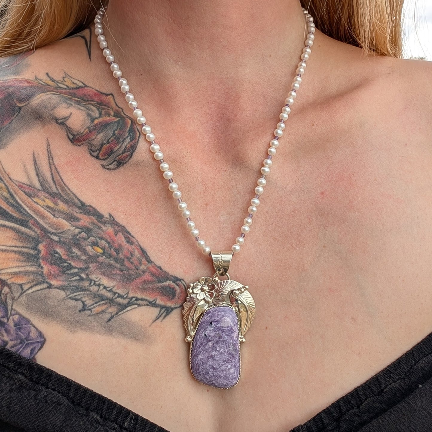 Charoite and Sterling Silver Leaf and Flower Necklace