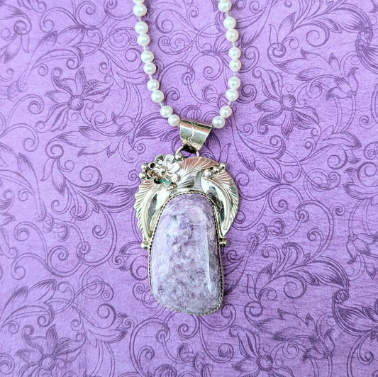 Charoite and Sterling Silver Leaf and Flower Necklace