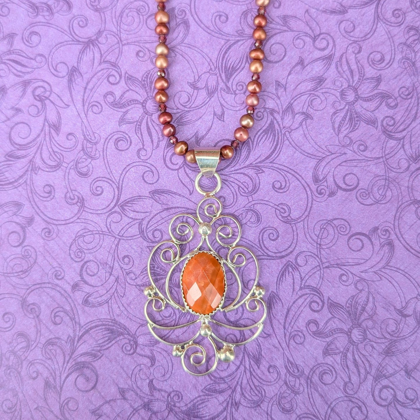 Fire Agate and Sterling Silver Filigree Necklace