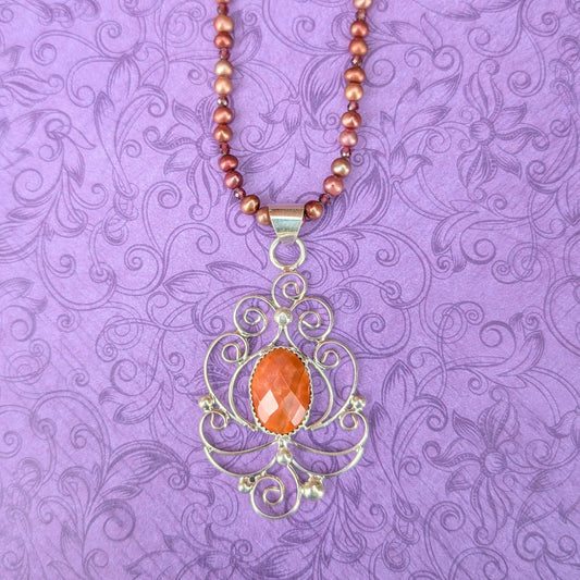 Fire Agate and Sterling Silver Filigree Necklace
