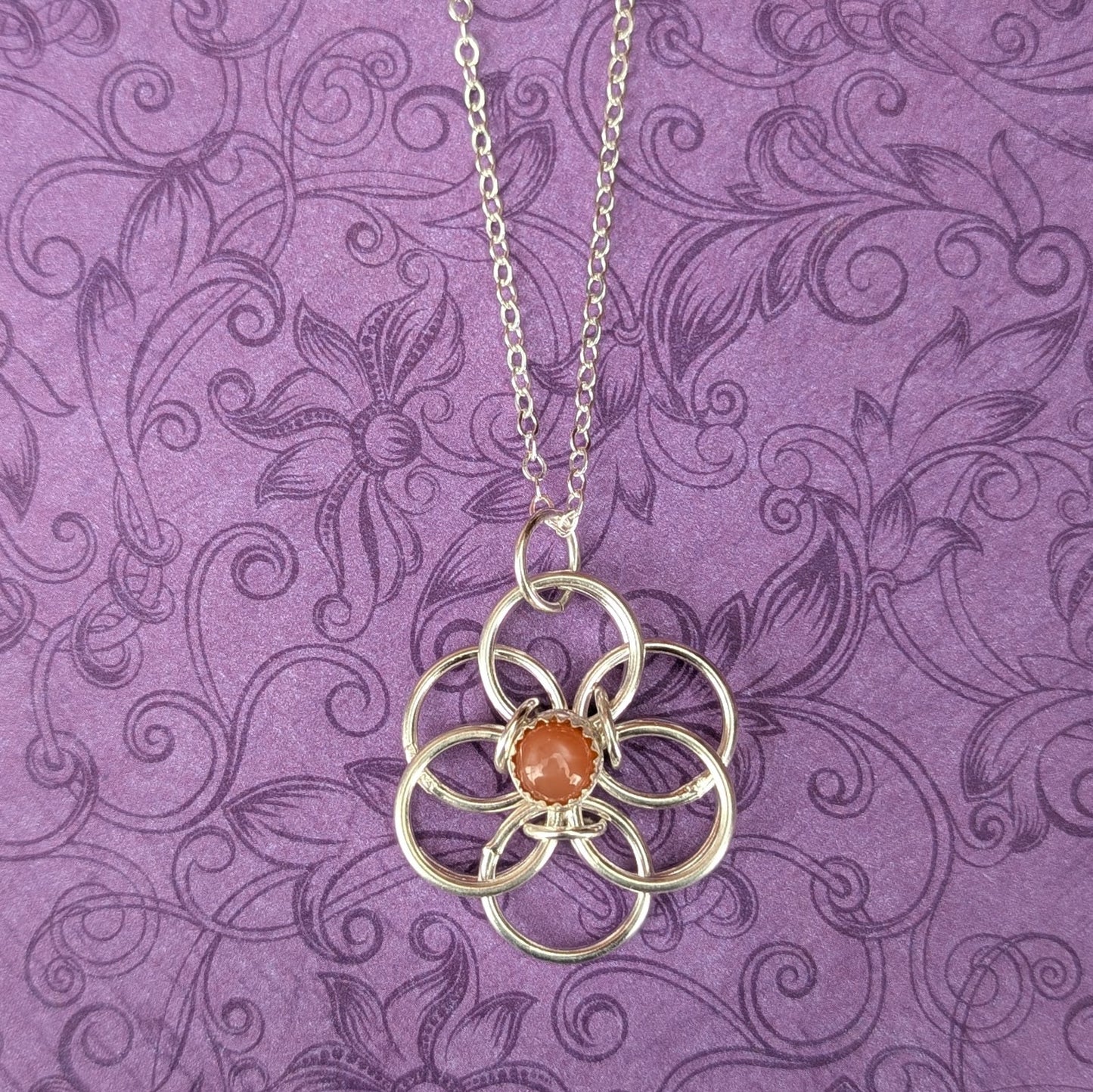 Red Moonstone and Sterling Silver Flower Pendant