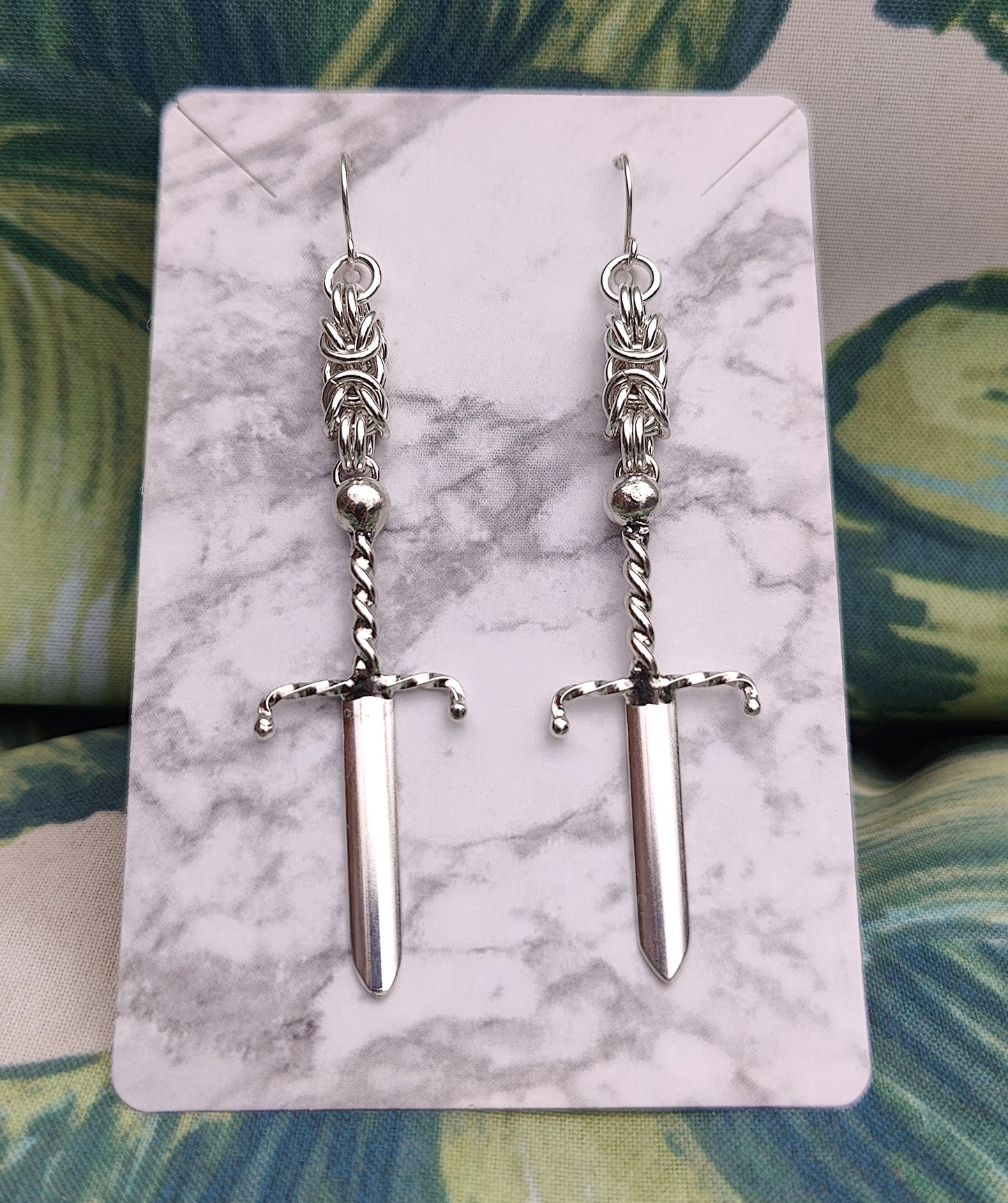 Sterling Silver Sword and Chainmail Earrings